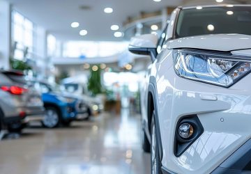 New SUV Car in Modern Dealership Showroom, Shining Headlights, Ready for a Test Drive